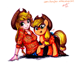 Size: 2552x2304 | Tagged: safe, artist:cosmicponye, applejack, human, human ponidox, humanized, traditional art