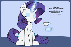 Size: 1280x855 | Tagged: dead source, safe, artist:reiduran, rarity, pony, unicorn, cup, ear fluff, eyes closed, magic, solo, teacup