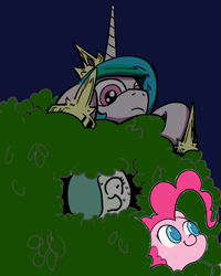 Size: 639x800 | Tagged: safe, artist:ficficponyfic, artist:lovelyneckbeard, artist:valcron, color edit, edit, edited edit, pinkie pie, princess celestia, oc, oc:emerald jewel, alicorn, earth pony, pony, bush, color, colored, colt, colt quest, frown, hiding, male, nervous, night, q&a, searching, sweat, wip