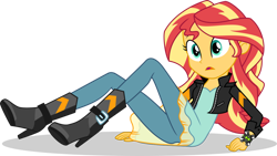 Size: 930x523 | Tagged: safe, artist:illumnious, edit, editor:derpyfannumber2, sunset shimmer, equestria girls, friendship games, ben 10, edited vector, lying, omnitrix