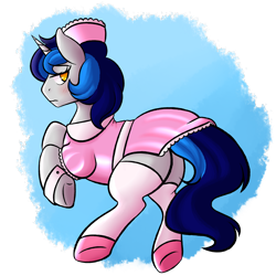 Size: 2500x2500 | Tagged: safe, artist:fannytastical, oc, oc only, oc:cappie, pony, unicorn, blushing, clothes, crossdressing, maid, male, satin, shiny, shoes, silk, simple background, sissy, solo, stallion, stockings, thigh highs, transparent background, uniform