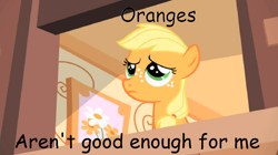 Size: 892x501 | Tagged: safe, edit, edited screencap, screencap, applejack, earth pony, pony, the cutie mark chronicles, caption, disappointed, female, filly, filly applejack, sad, solo, younger