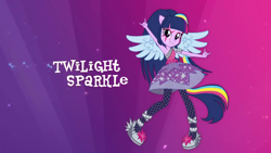 Size: 1280x720 | Tagged: safe, derpibooru import, twilight sparkle, equestria girls, rainbow rocks, armpits, box art, clothes, commercial, devil horn (gesture), high heels, magic of friendship (rainbow rocks), rainbow, skirt, solo, stockings