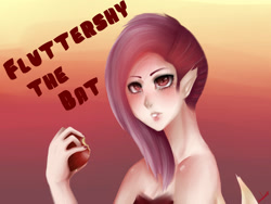 Size: 1600x1200 | Tagged: safe, artist:prostohuman, fluttershy, human, apple, flutterbat, humanized, solo, winged humanization