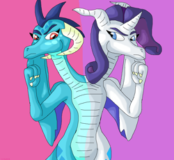 Size: 1584x1456 | Tagged: safe, artist:mojo1985, princess ember, rarity, dragon, conjoined, dragonified, emberity, female, lesbian, multiple heads, my waifus have fused, shipping, species swap, two heads, two-headed dragon