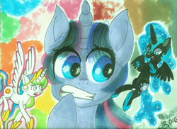 Size: 1024x745 | Tagged: safe, artist:zephyrshy, nightmare moon, princess celestia, twilight sparkle, alicorn, pony, gritted teeth, shoulder angel, shoulder devil, starry eyes, traditional art, wingding eyes