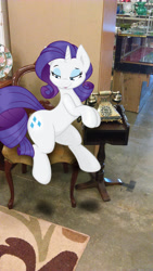 Size: 1440x2560 | Tagged: safe, artist:joey darkmeat, artist:spier17, artist:tokkazutara1164, rarity, carpet, chair, irl, lidded eyes, old school, photo, plate, ponies in real life, rug, shadow, sitting, solo, table, telephone, vector