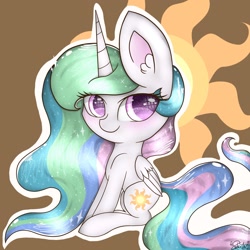 Size: 2048x2048 | Tagged: safe, artist:swirlypuffartz, princess celestia, alicorn, pony, blushing, chibi, cute, cutelestia, ear fluff, floating eye of death, glossy, impossibly large ears, sitting, smiling, solo, sparkles, sparkly eyes