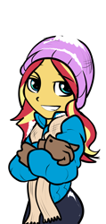 Size: 730x1529 | Tagged: safe, artist:gsphere, sunset shimmer, equestria girls, beanie, clothes, gloves, hat, looking at you, scarf, simple background, smiling, snow, solo, white background, winter outfit