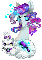 Size: 496x700 | Tagged: safe, artist:njeekyo, opalescence, rarity, cat, pony, unicorn, angry, brush, brushing, eyes closed, grooming, looking at you, magic, simple background, telekinesis, white background