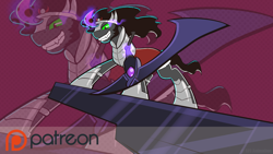 Size: 1280x721 | Tagged: safe, artist:animatorrawgreen, derpibooru import, king sombra, pony, unicorn, armor, crystal, curved horn, dark magic, fall of the crystal empire, looking down, magic, patreon, patreon logo, scythe, solo, sombra eyes, wallpaper, watermark, weapon, zoom layer