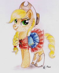 Size: 1024x1276 | Tagged: safe, artist:moonlight-ki, applejack, earth pony, pony, alternate hairstyle, boots, braid, clothes, dress, solo, traditional art