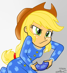 Size: 920x1000 | Tagged: safe, artist:lisan1997, applejack, equestria girls, rainbow rocks, clothes, controller, faic, footed sleeper, pajamas, scene interpretation, solo, video game