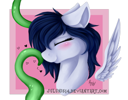 Size: 3252x2544 | Tagged: safe, artist:julunis14, derpibooru import, oc, oc only, oc:graceful motion, pegasus, pony, blushing, bust, cute, eyes closed, floating heart, heart, nuzzling, profile, simple background, smiling, tentacles, transparent background, wings, ych result