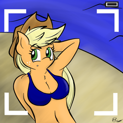 Size: 1024x1024 | Tagged: safe, artist:megajack, applejack, anthro, armpits, beach, bikini, camera, clothes, swimsuit