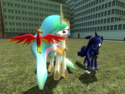 Size: 1024x768 | Tagged: safe, artist:sonic5421, philomena, princess celestia, princess luna, tiberius, alicorn, pony, 3d, gmod