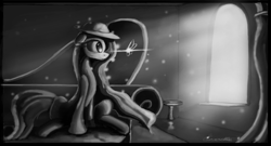 Size: 8640x4652 | Tagged: safe, artist:auroriia, applejack, earth pony, firefly (insect), insect, pony, absurd resolution, floppy ears, grayscale, monochrome, sitting, solo