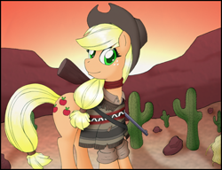 Size: 676x520 | Tagged: safe, applejack, earth pony, pony, cactus, clothes, desert, gun, solo, weapon