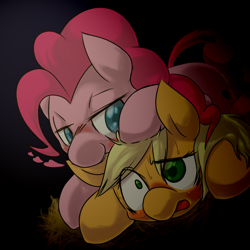 Size: 1200x1200 | Tagged: safe, artist:ushiro no kukan, applejack, pinkie pie, earth pony, pony, applepie, biting, ear bite, female, lesbian, pixiv, shipping