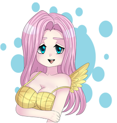 Size: 572x598 | Tagged: safe, artist:seppukuaddict, fluttershy, human, breasts, cleavage, female, hootershy, humanized, looking at you, solo, winged humanization