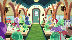 Size: 1920x1080 | Tagged: safe, screencap, amethyst star, ballet jubilee, dawnlighter, derpy hooves, goldy wings, green sprout, loganberry, midnight snack (character), rainberry, rainbow stars, roseluck, silver script, sparkler, star bright, tender brush, winter lotus, earth pony, pegasus, pony, unicorn, the last problem, colt, female, filly, friendship express, friendship student, male, mare, peppe ronnie, siblings, sisters, sitting, stallion, train