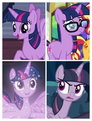 Size: 3106x4096 | Tagged: safe, mean twilight sparkle, sci-twi, sunset shimmer, twilight sparkle, twilight sparkle (alicorn), alicorn, pony, unicorn, better together, equestria girls, season 8, spring breakdown, the mean 6, twilight's kingdom, what lies beneath, spoiler:s08, clone, equestria girls ponified, female, offscreen character, tree of harmony, treelight sparkle, unicorn sci-twi