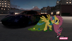 Size: 1280x720 | Tagged: safe, artist:equestianracer, fluttershy, pegasus, pony, car, clothes, dress, forza horizon, gala dress, night, pagani, pagani huayra, solo