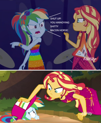 Size: 1044x1264 | Tagged: safe, edit, edited screencap, screencap, rainbow dash, sunset shimmer, equestria girls, spring breakdown, abuse, angry, bacon horse, dashabuse, imminent murder, quicksand, revenge, scared, sinking, vulgar, wide eyes