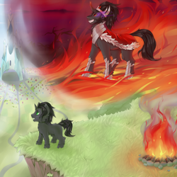 Size: 4000x4000 | Tagged: safe, artist:missangest, derpibooru import, king sombra, pony, unicorn, antagonist, colt, colt sombra, crystal empire, fire, solo, younger