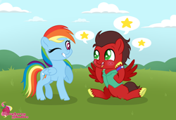 Size: 2780x1902 | Tagged: safe, artist:raspberrystudios, derpibooru import, rainbow dash, oc, pegasus, pony, bush, chibi, cloud, cloudy, commission, excited, field, grass, one eye closed, sitting, unshorn fetlocks, wink