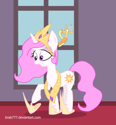 Size: 1920x2065 | Tagged: safe, artist:brab777, discord, princess celestia, pony, unicorn, jewelry, loose fitting clothes, pink-mane celestia, race swap, regalia, shrunk, shrunklestia, unicorn celestia