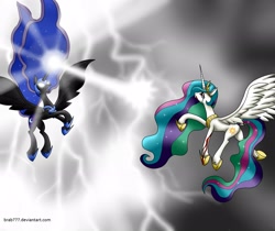 Size: 2073x1742 | Tagged: safe, artist:brab777, nightmare moon, princess celestia, alicorn, pony, fight, glowing eyes, injured