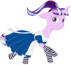 Size: 3450x3120 | Tagged: safe, artist:kaukanghong, derpibooru exclusive, starlight glimmer, pony, unicorn, alice in wonderland, clothes, dress, female, looking back, mare, ribbon, running, simple background, socks, solo, striped socks, transparent background