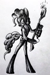 Size: 733x1089 | Tagged: safe, artist:adetuddymax, pinkie pie, earth pony, pony, crossover, monochrome, parody, pinkie pyro, pyro, solo, team fortress 2, traditional art