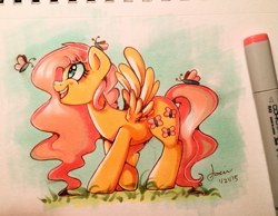 Size: 607x470 | Tagged: safe, artist:y0wai, fluttershy, butterfly, pegasus, pony, solo, spread wings, traditional art