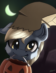 Size: 2611x3371 | Tagged: safe, artist:nookprint, derpy hooves, pegasus, pony, bag, clothes, costume, cute, derpabetes, female, halloween, holiday, mare, mouth hold, nightmare night costume, paper bag, paper bag wizard, pumpkin bucket, smiling, solo
