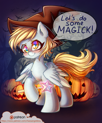 Size: 1000x1209 | Tagged: safe, artist:chaosangeldesu, derpy hooves, pegasus, pony, blushing, halloween, hat, holiday, pumpkin, smiling, solo, witch hat