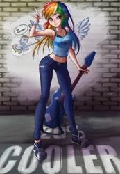 Size: 762x1100 | Tagged: safe, artist:the-park, derpibooru import, rainbow dash, human, pegasus, pony, armpits, bra strap, clothes, cloud, converse, cutie mark on clothes, devil horn (gesture), graffiti, guitar, guitar pick, humanized, jeans, looking at you, midriff, painting, pants, shoes, solo, sunglasses, tanktop