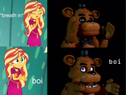 Size: 2560x1920 | Tagged: safe, sunset shimmer, robot, better together, equestria girls, spring breakdown, boi, caption, comparison, crossover, female, five nights at freddy's, freddy fazbear, hasbro, hat, image macro, meme, scott cawthon, text