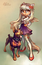 Size: 1771x2716 | Tagged: safe, artist:holivi, oc, oc only, anthro, dog, plantigrade anthro, anthro oc, clothes, commission, doberman, female, flower, flower in hair, freckles, hand on hip, high heels, legs, mare, open mouth, pet, shoes, signature, skirt, socks, solo, stockings, thigh highs, tongue out, zettai ryouiki