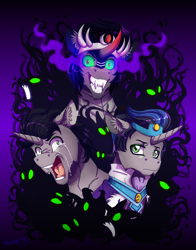 Size: 900x1150 | Tagged: safe, artist:inuhoshi-to-darkpen, derpibooru import, king sombra, pony, umbrum, unicorn, bust, crying, dark magic, good king sombra, magic, shadow, shadow pony, smiling, sombra eyes