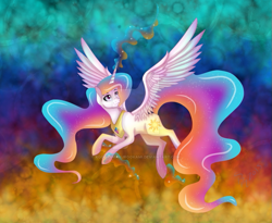 Size: 899x738 | Tagged: safe, artist:derpsonhooves, princess celestia, alicorn, pony, flying, magic, solo, watermark