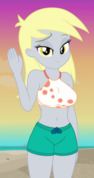 Size: 580x1095 | Tagged: safe, edit, edited screencap, editor:ah96, screencap, derpy hooves, aww... baby turtles, better together, equestria girls, belly button, breast edit, breasts, clothes, clothes edit, cropped, derpy loaves, lidded eyes, looking at you, smiling, solo, swimsuit, swimsuit edit, waving