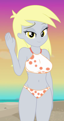 Size: 580x1095 | Tagged: safe, edit, edited screencap, editor:ah96, screencap, derpy hooves, aww... baby turtles, better together, equestria girls, beach, beach babe, belly button, bikini, breast edit, breasts, clothes, cropped, derpy loaves, female, lidded eyes, looking at you, smiling, solo, swimsuit, swimsuit edit, waving