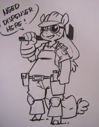 Size: 1280x1643 | Tagged: safe, artist:atryl, applejack, anthro, unguligrade anthro, engiejack, engineer, goggles, hammer, monochrome, solo, team fortress 2