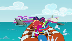 Size: 1920x1080 | Tagged: safe, screencap, rainbow dash, sci-twi, sunset shimmer, twilight sparkle, better together, equestria girls, spring breakdown, cruise ship, lifejacket, sinking, water