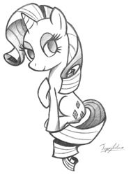 Size: 1249x1657 | Tagged: safe, artist:topaztortise, rarity, pony, unicorn, grayscale, hoof on chest, lidded eyes, looking at you, monochrome, pencil drawing, simple background, sitting, solo, traditional art, white background