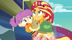 Size: 1920x1080 | Tagged: safe, screencap, sunset shimmer, water lily (equestria girls), better together, equestria girls, spring breakdown, carrying, plushie, ponied up, super ponied up