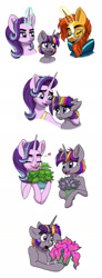 Size: 700x1905 | Tagged: safe, artist:celestial-rainstorm, phyllis, starlight glimmer, sunburst, oc, oc:dawn star, pony, unicorn, female, filly, magic, male, offspring, older, parent:stygian, parent:twilight sparkle, parents:twigian, shipping, simple background, starburst, straight, white background