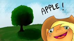 Size: 1920x1080 | Tagged: safe, artist:katsu, applejack, earth pony, pony, apple, apple tree, appul, cloud, cloudy, hat, parody, solo, tree